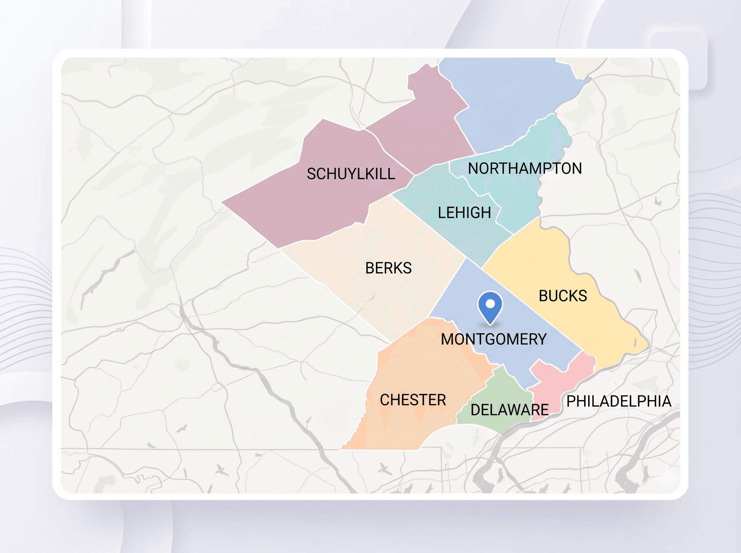 Illustrated Pennsylvania county coverage map showing Philadelphia, Bucks, Montgomery, Delaware, Chester, Lehigh, Northampton, Berks, Schuylkill