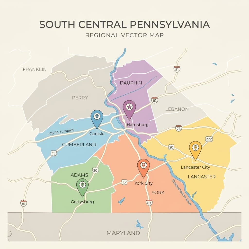 Pennsylvania map highlighting York and serving Adams, Lancaster, Dauphin, Cumberland counties